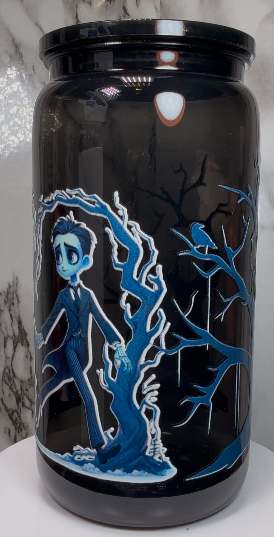 Corpse Bride on a PLASTIC black beer can cup