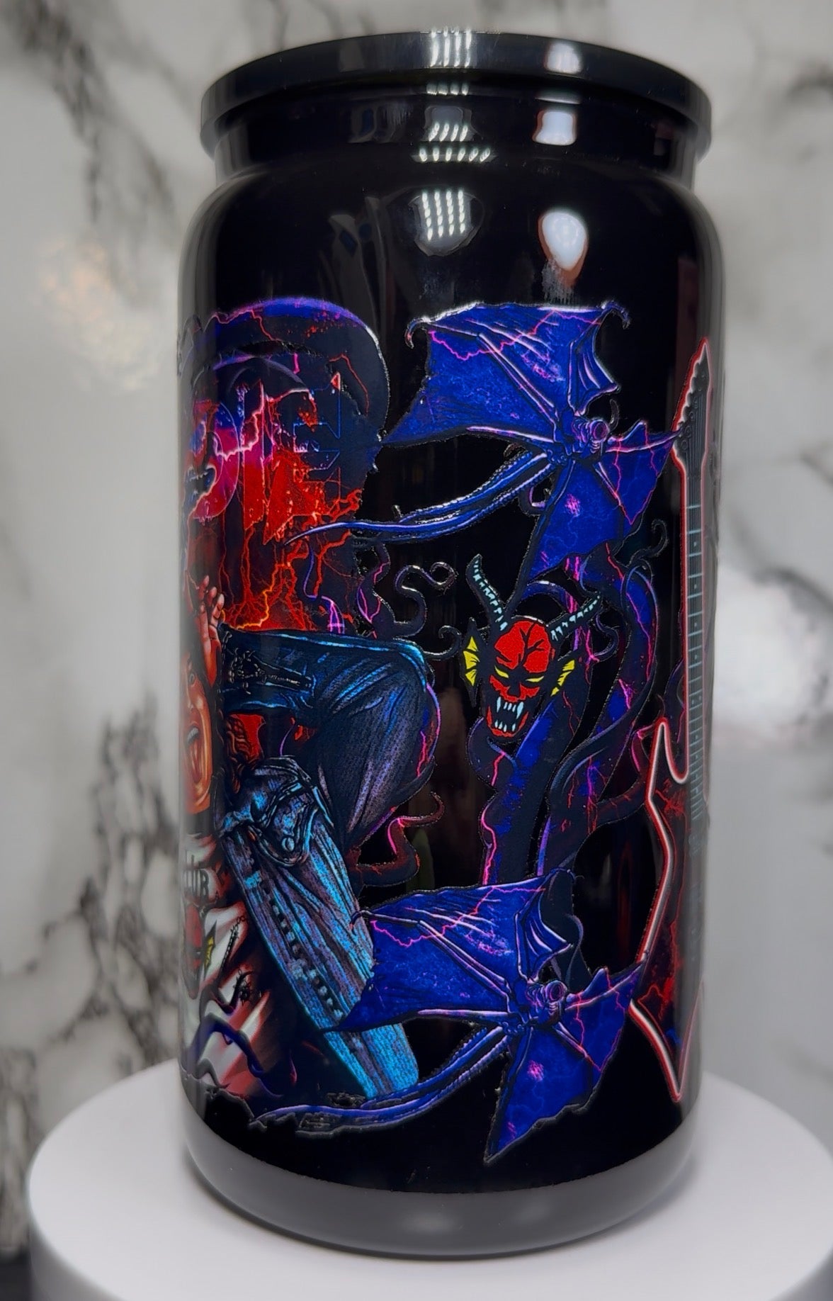 Eddie Munson UVDTF on a 16oz black beer can glass