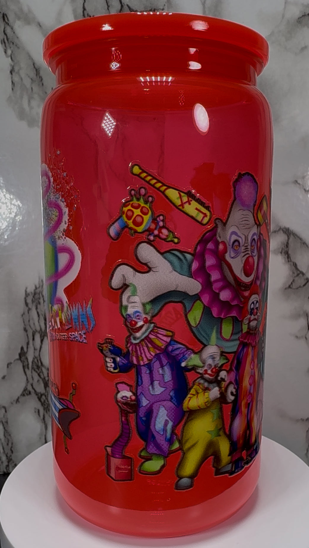 Klownzilla Killer Klowns From Outer Space UVDTF on a bright red PLASTIC beer can cup