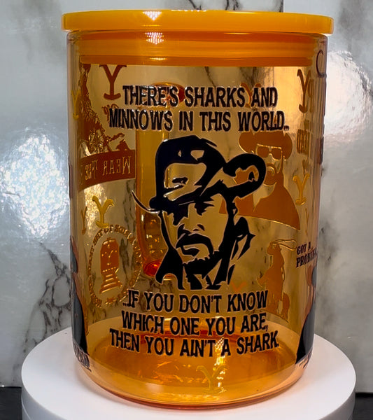 Yellowstone Rip UVDTF on a yellow 17oz glass mug