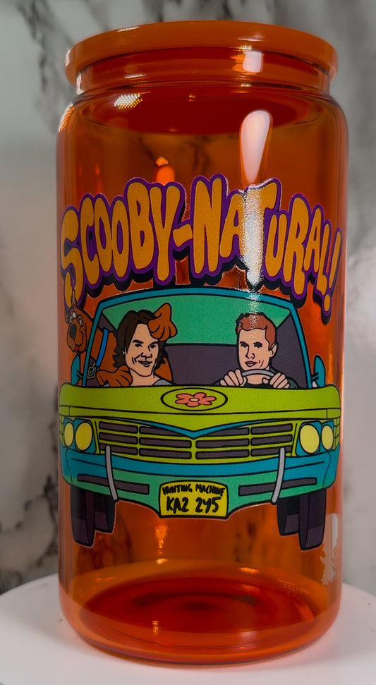 OOPSIE sale PLEASE read description!!! Supernatural Scoobynatural UVDTF on a orange beer can glass (Faults are in pictures)