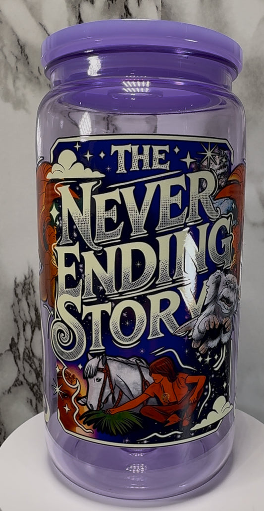 The Never Ending Story UVDTF on a purple PLASTIC beer can cup