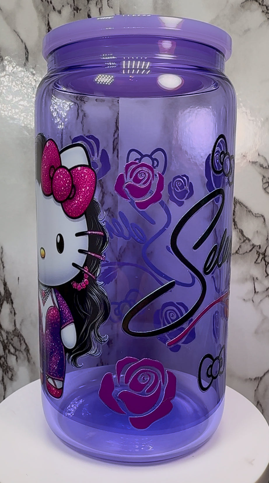OOPSIE sale PLEASE read description!!! Hello Kitty Selena UVDTF on a purple beer can glass (Faults are in pictures)