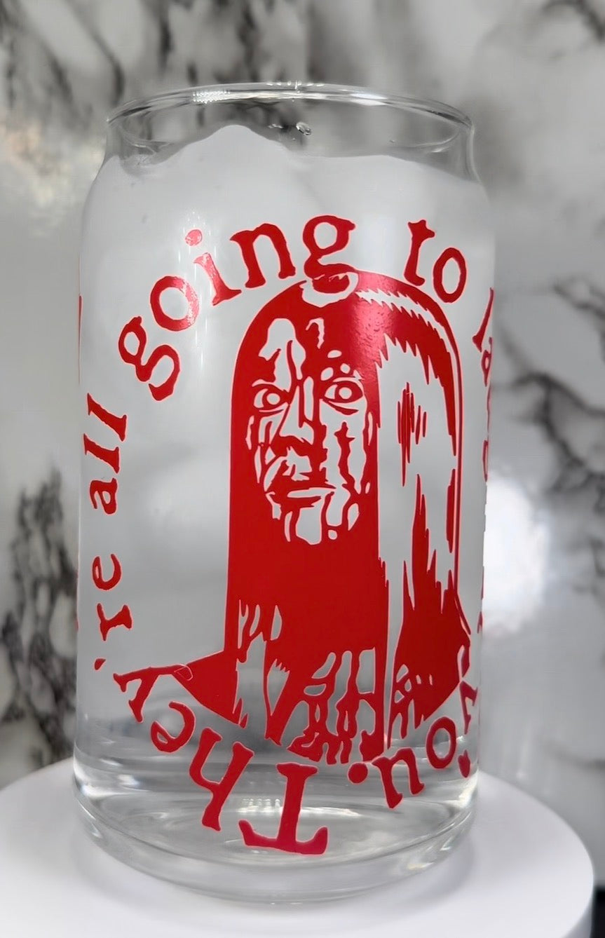 Carrie White color changing red permanent vinyl on a libbey beer can glass