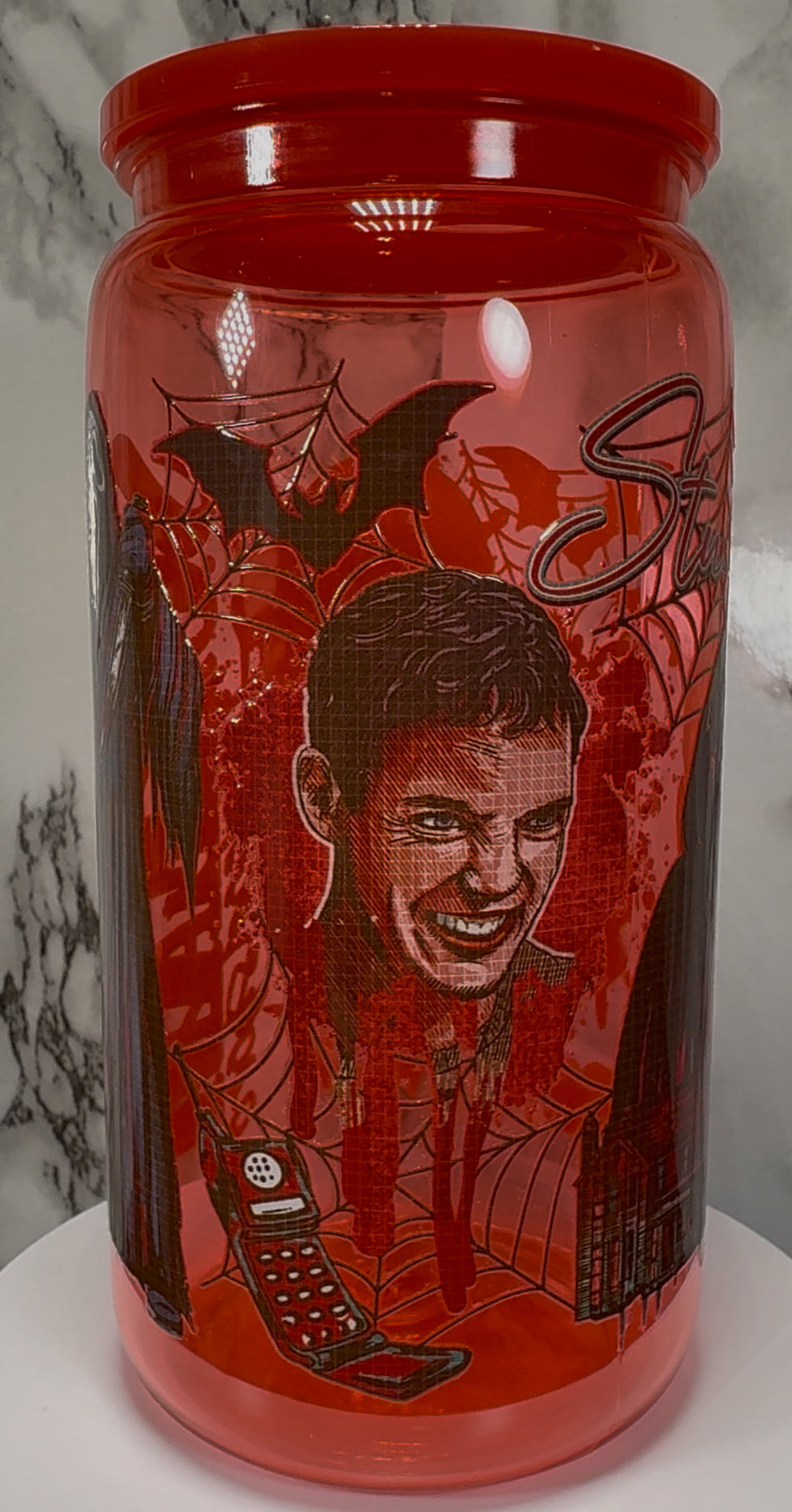 Scream UVDTF on a red PLASTIC beer can cup