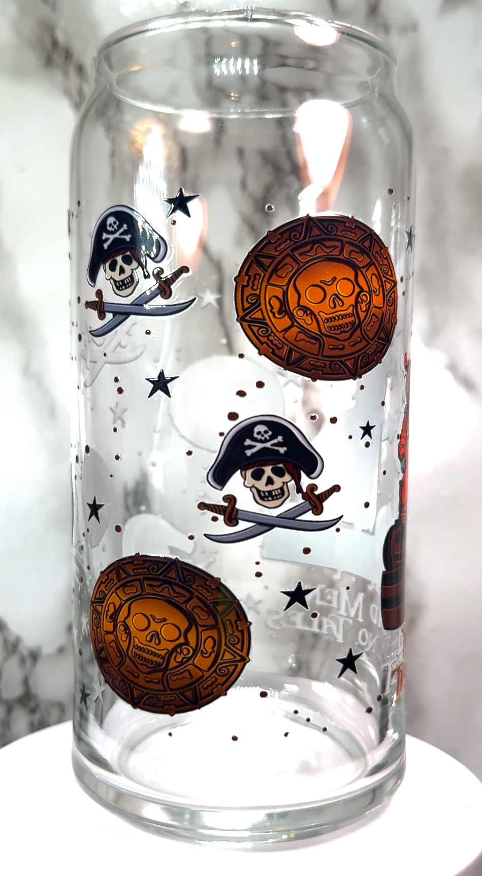 Disney Trick R Treat Sam UVDTF on a 20 ounce libbey beer can glass