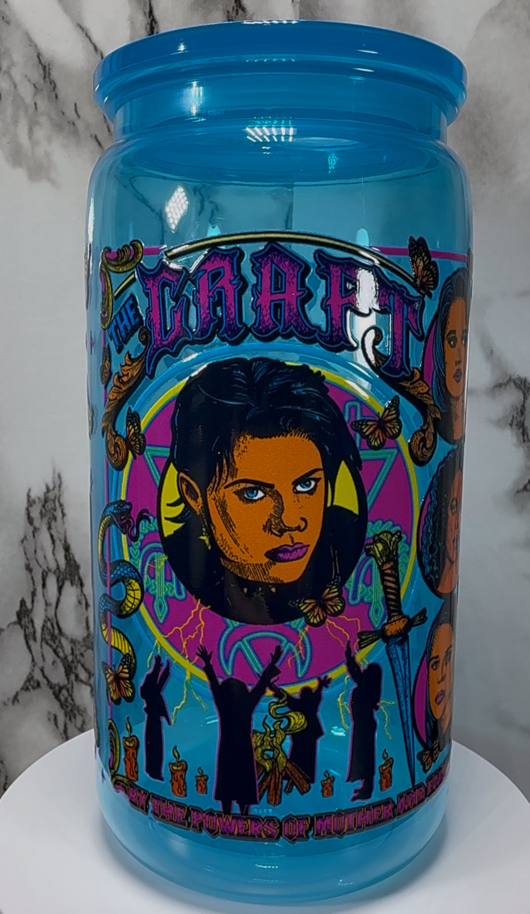 The Craft We Are The Weirdos Mister UVDTF on a bright blue PLASTIC beer can cup