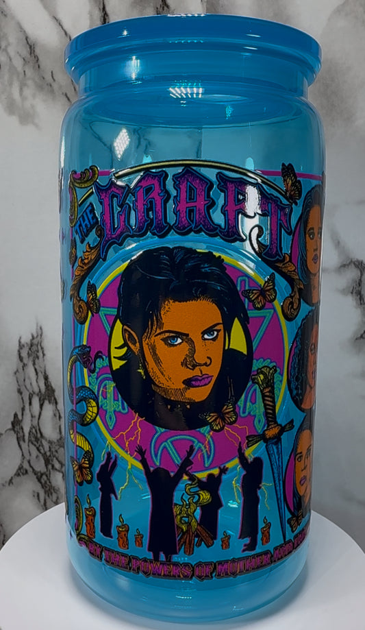 The Craft We Are The Weirdos Mister UVDTF on a bright blue PLASTIC beer can cup