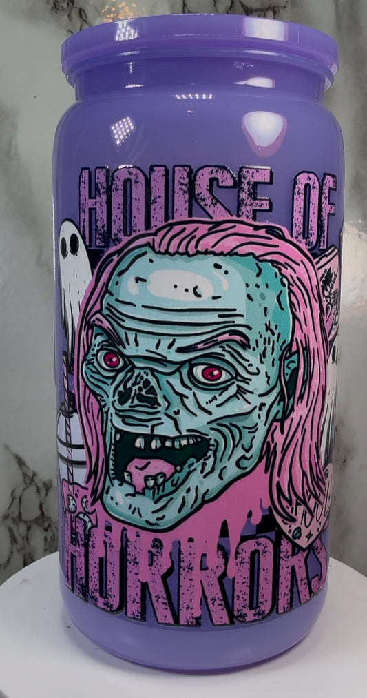 Crypt Keeper House of Horrors UVDTF on a PLASTIC purple beer can cup