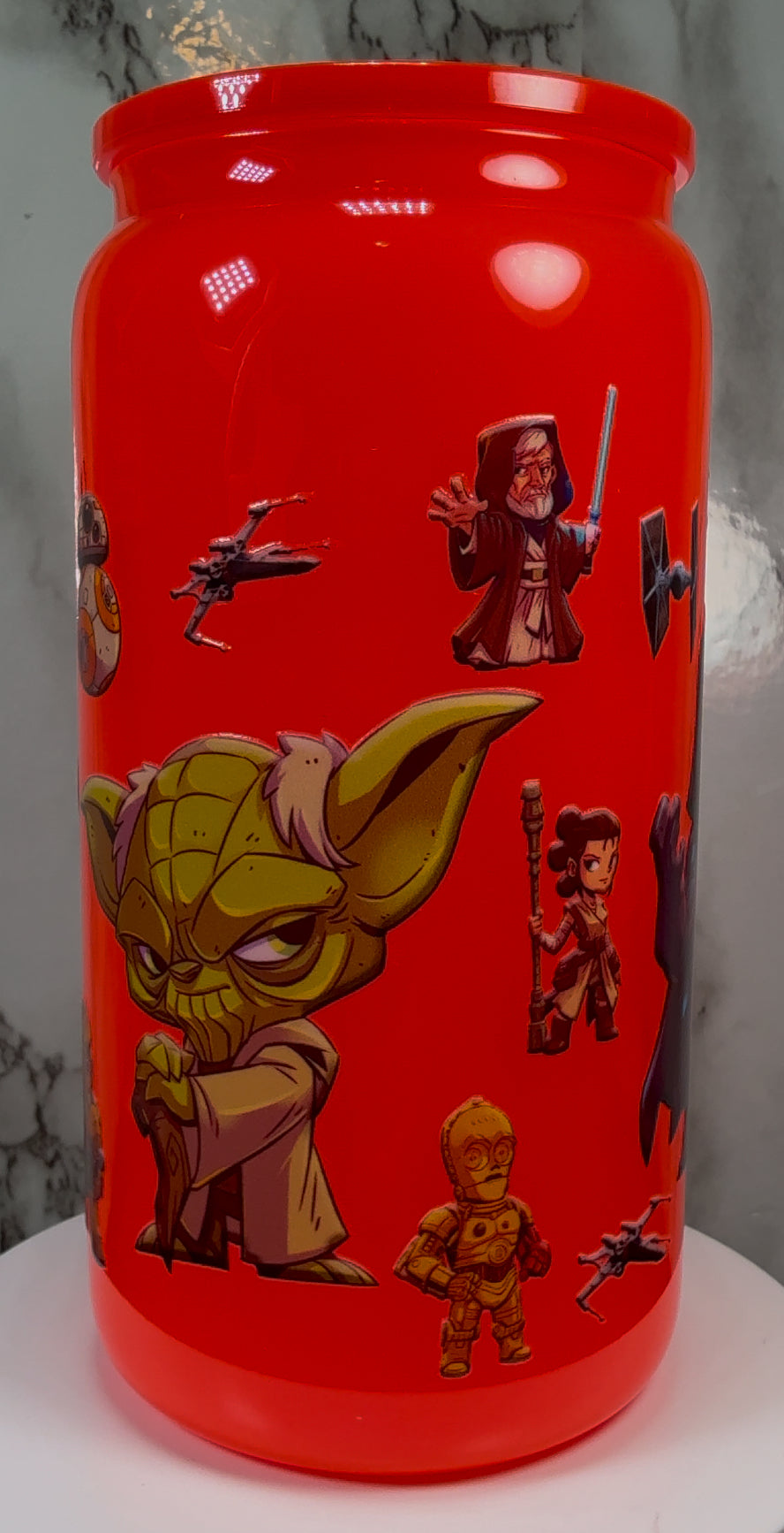 Star Wars UVDTF on a bright red beer can glass