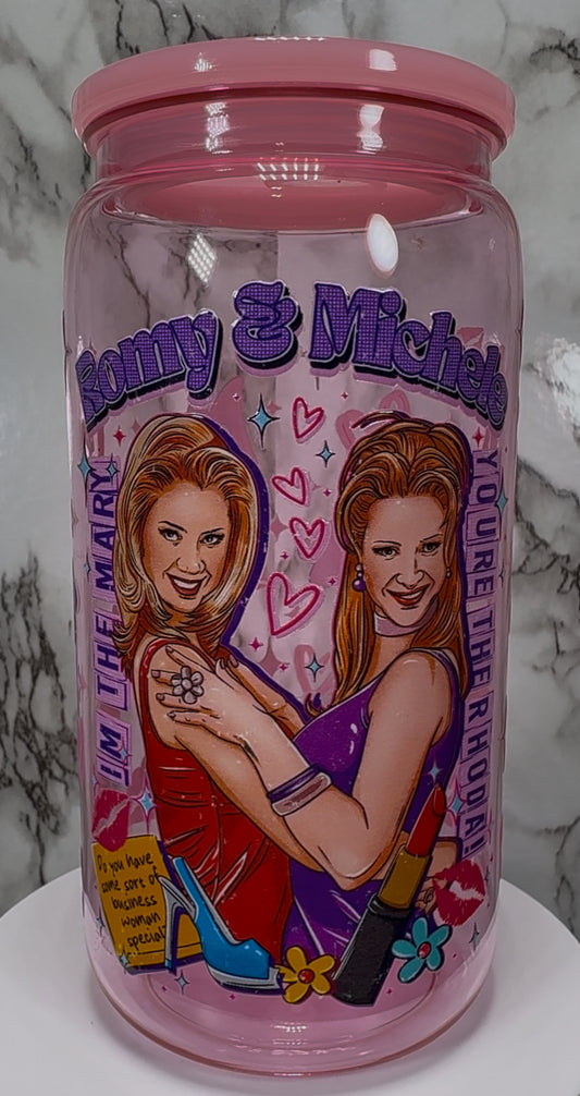 Romy and Michele's High School Reunion UVDTF on a PLASTIC pink beer can cup