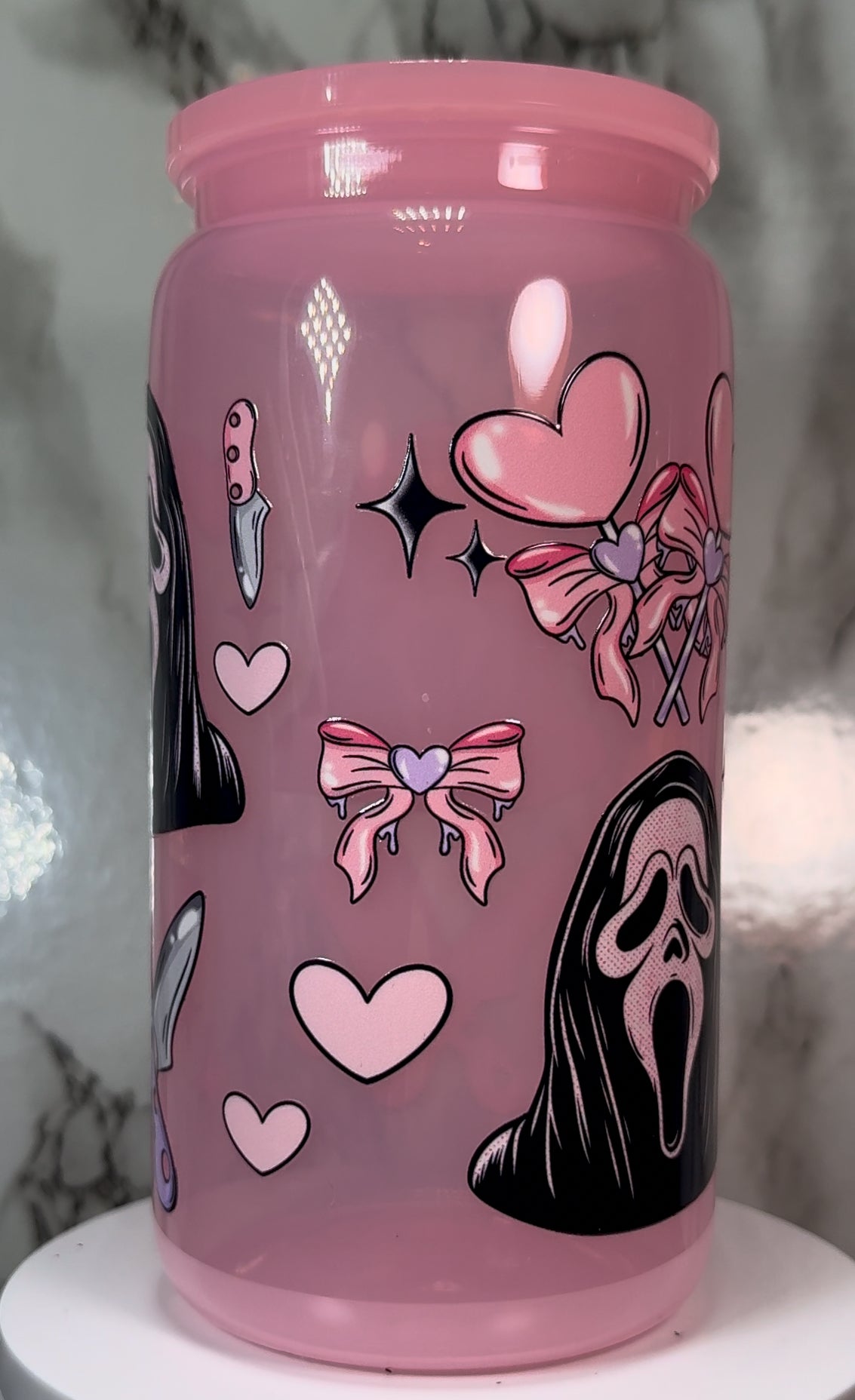 Valentine’s Day Ghostface UVDTF on a plastic pink beer can cup