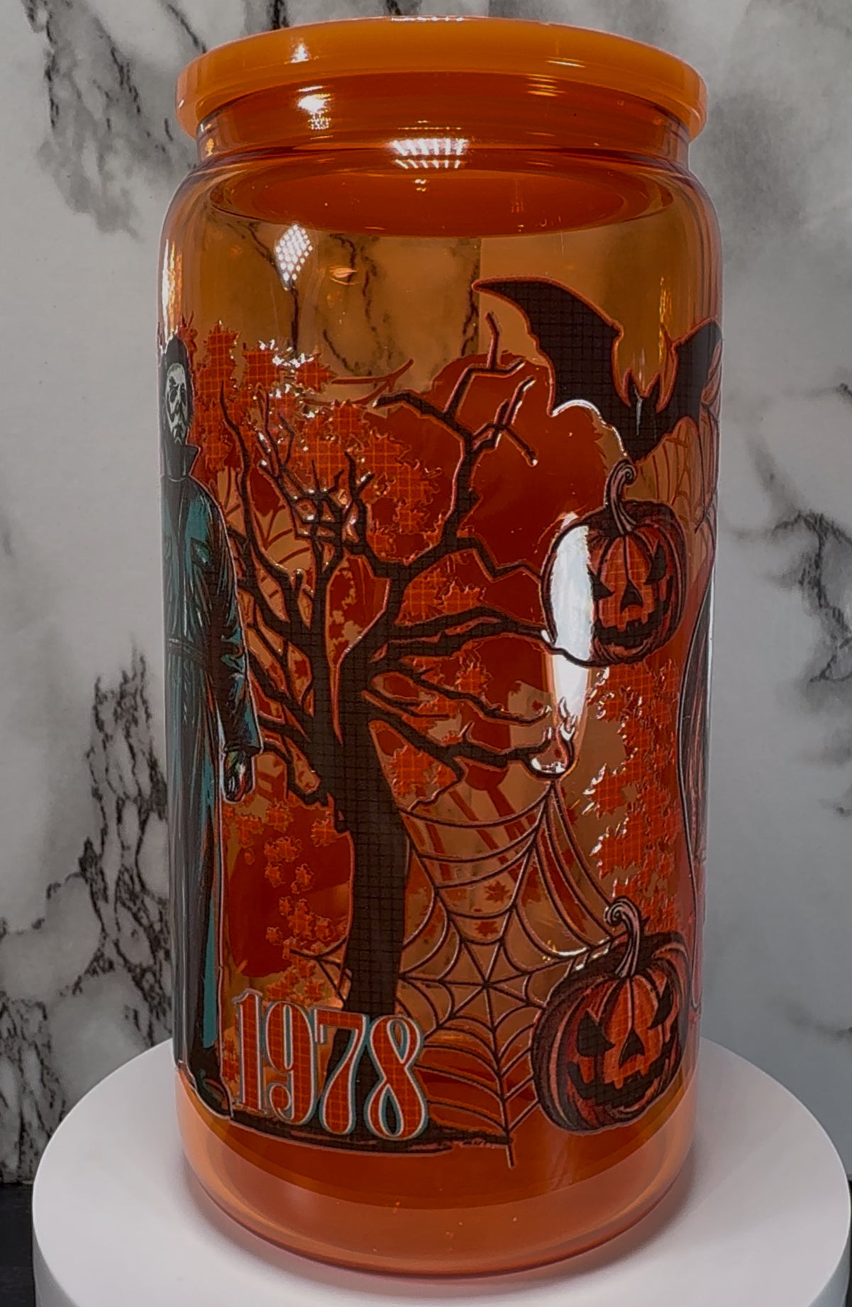 Michael Myers 1978 Halloween UVDTF on a orange beer can glass