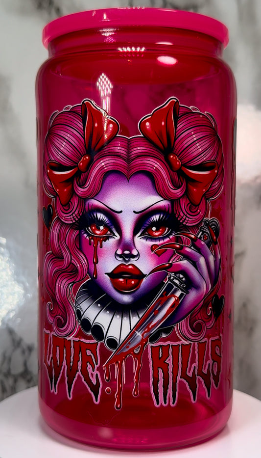 Love Kills Valentine’s Day UVDTF on a hot pink beer can glass