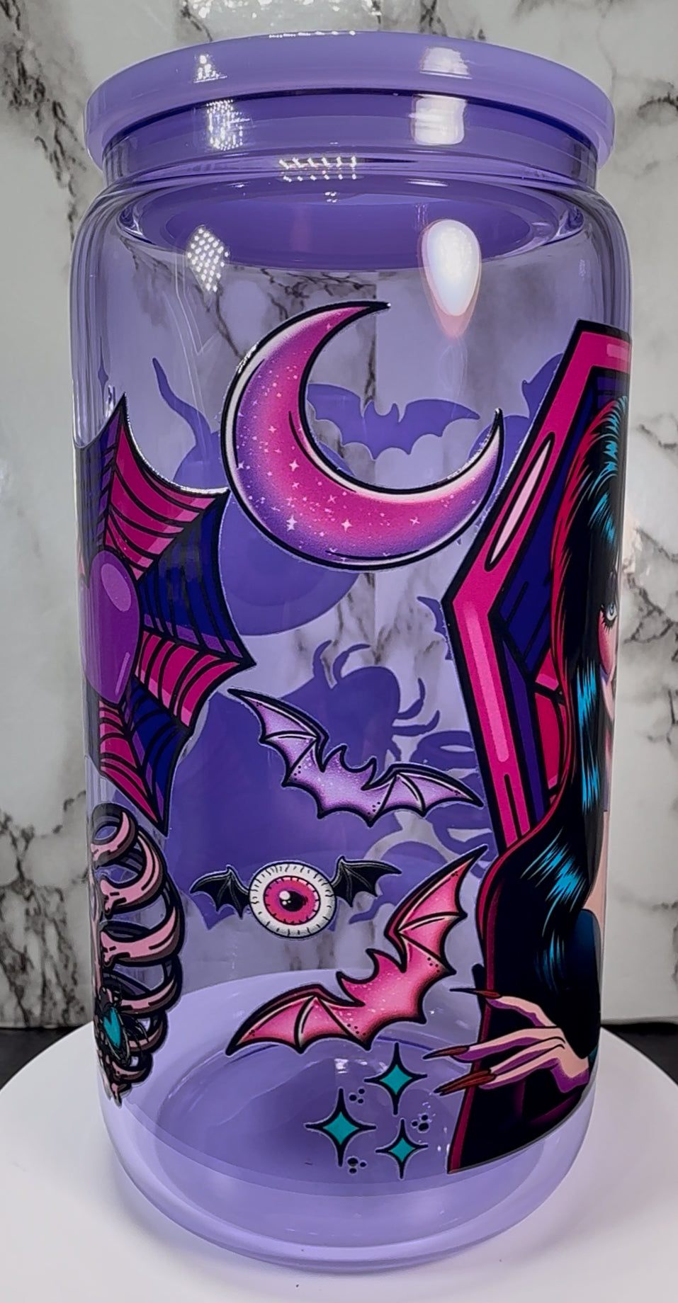 Elvira UVDTF on a purple beer can glass