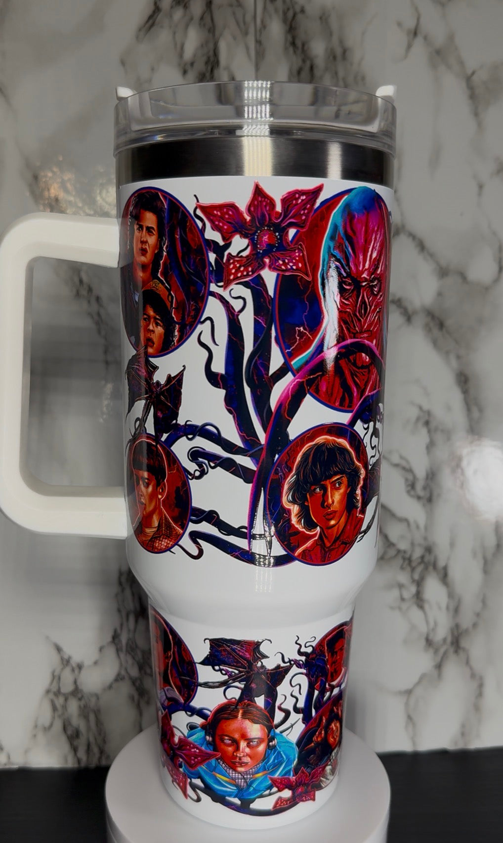 Stranger Things on a white 40oz tumbler