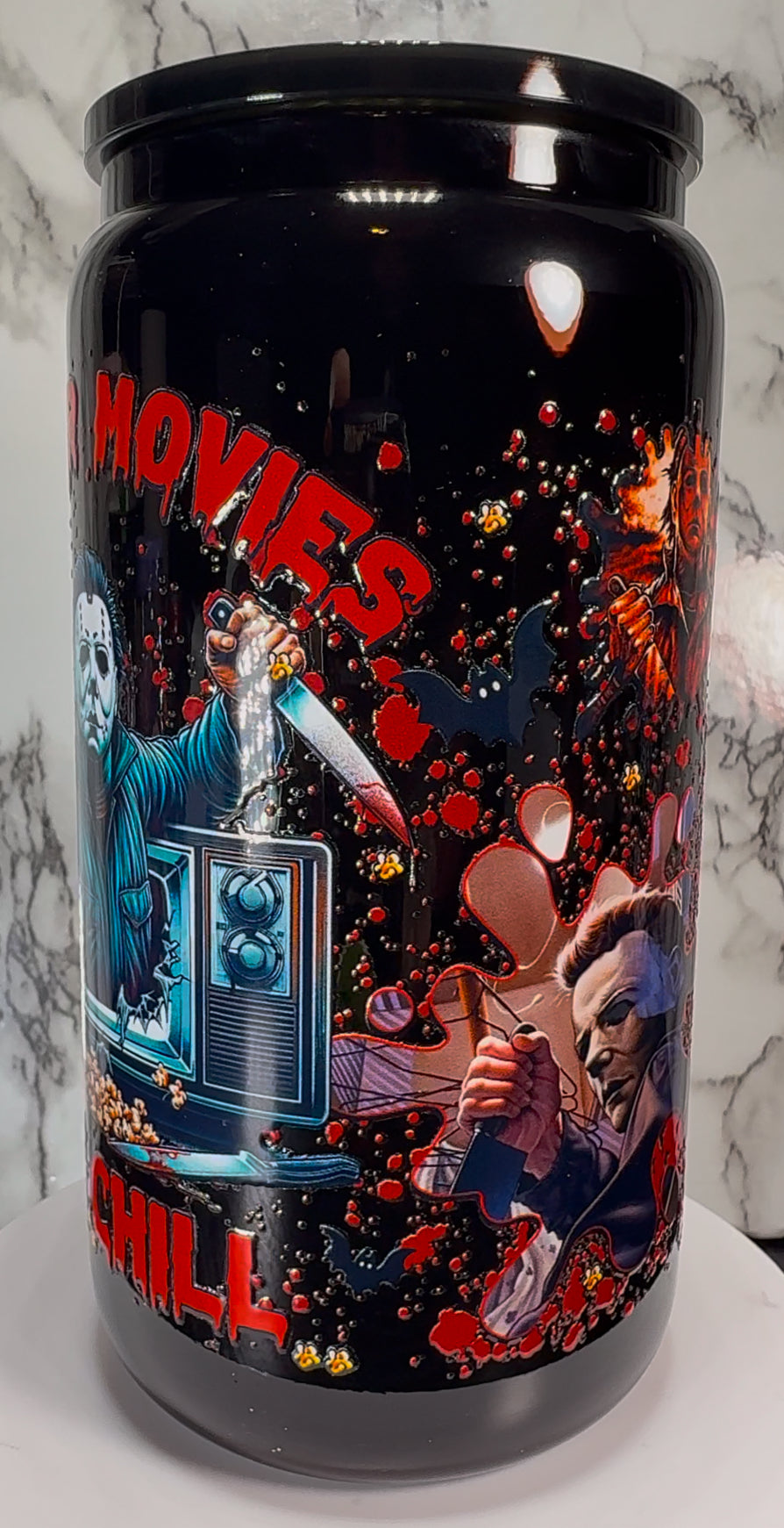 Michael Myers Horror Movies and chill UVDTF on a black beer can glass