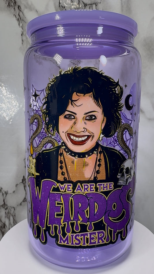 The Craft We Are The Weirdos UVDTF on a purple beer can glass
