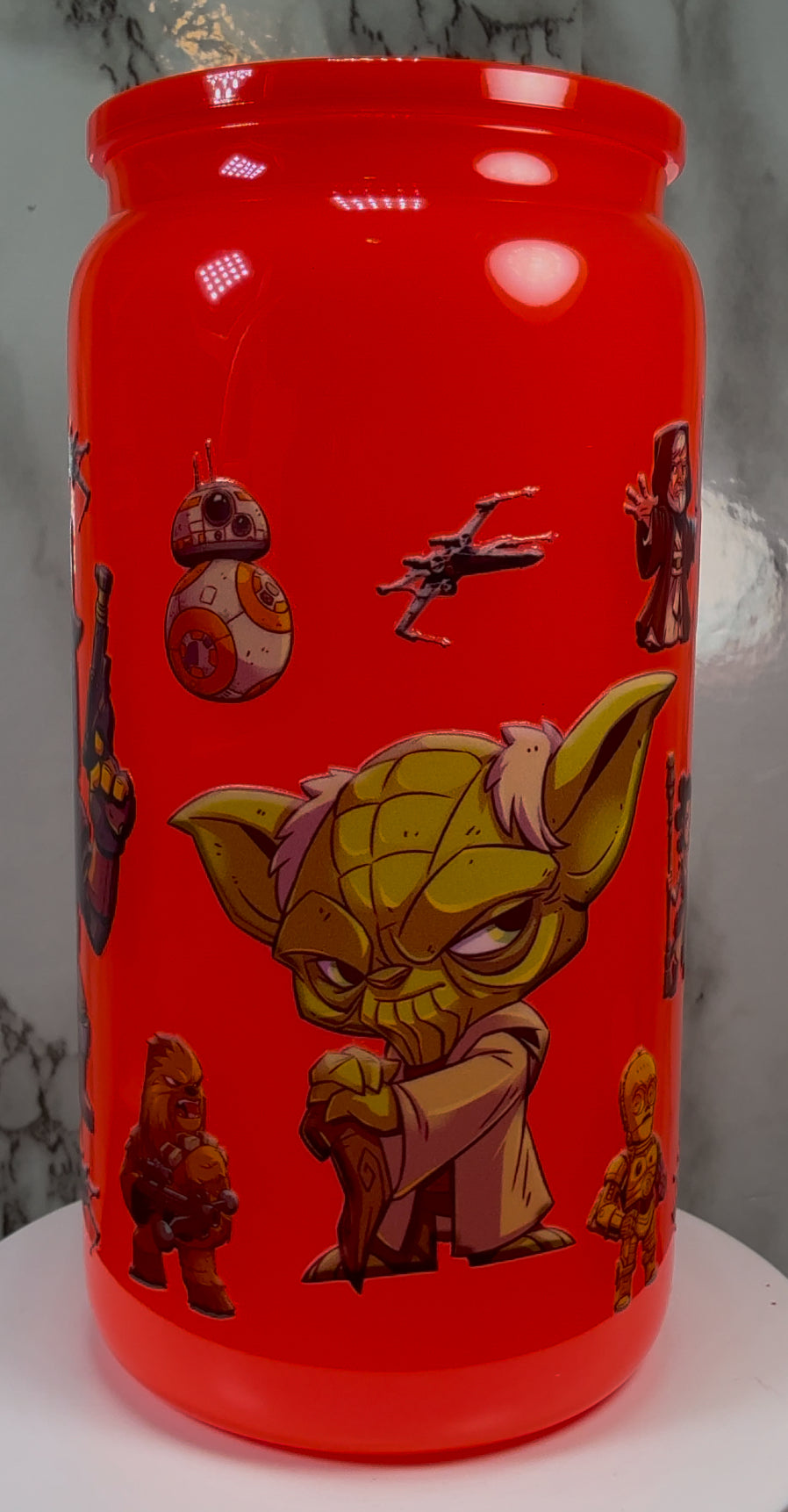 Star Wars UVDTF on a bright red beer can glass