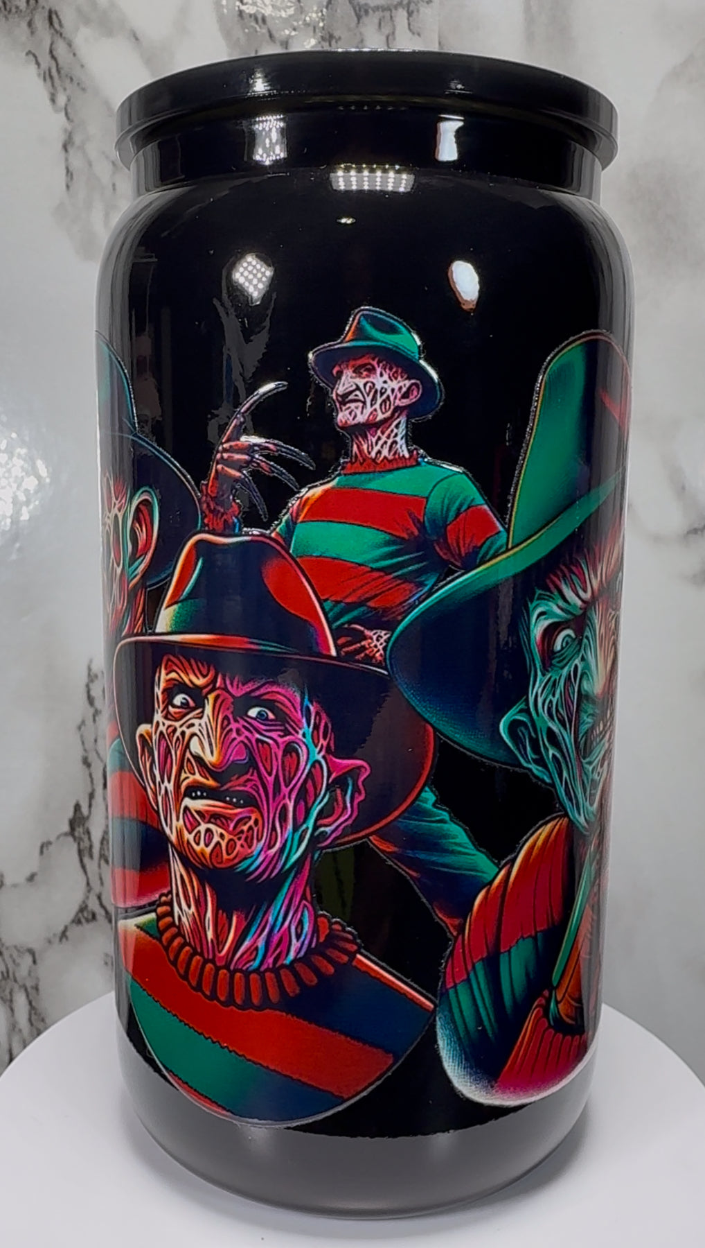 Nightmare on Elm Street Freddy Krueger UVDTF on a black beer can glass