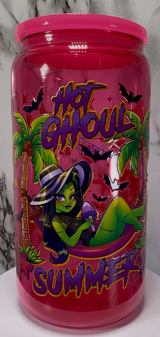 Hot Ghoul Summer UVDTF on a hot pink beer can glass