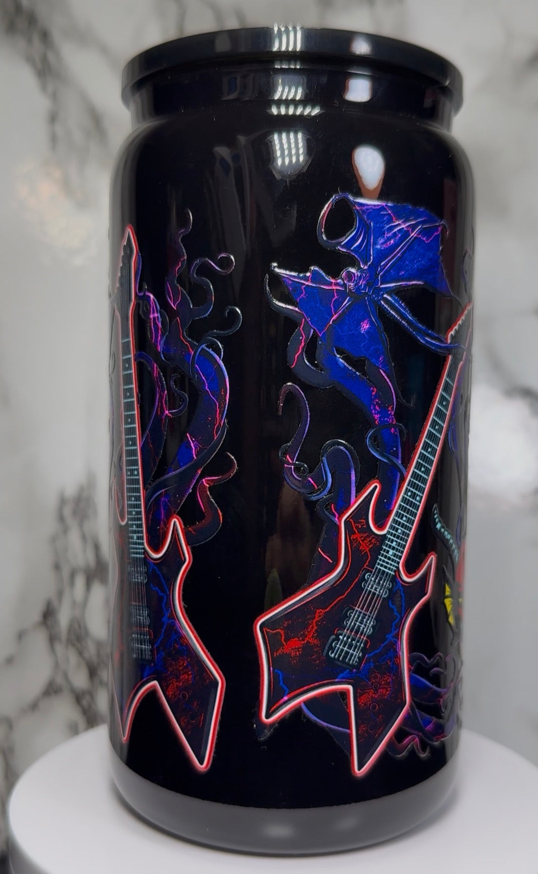Eddie Munson UVDTF on a 16oz black beer can glass