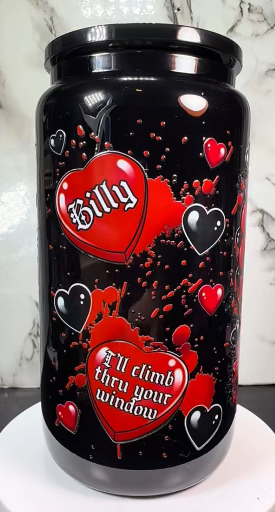 Valentine’s Day Billy Loomis UVDTF on a black beer can glass