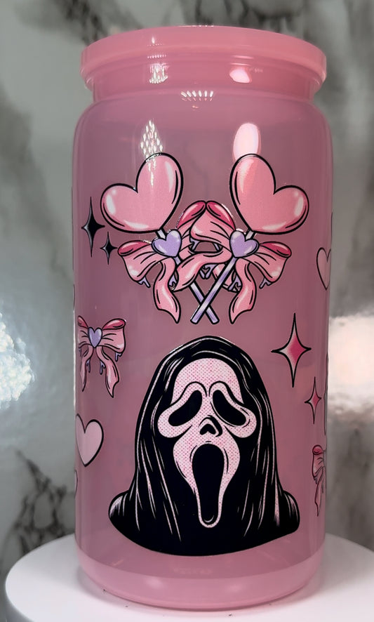 Valentine’s Day Ghostface UVDTF on a plastic pink beer can cup
