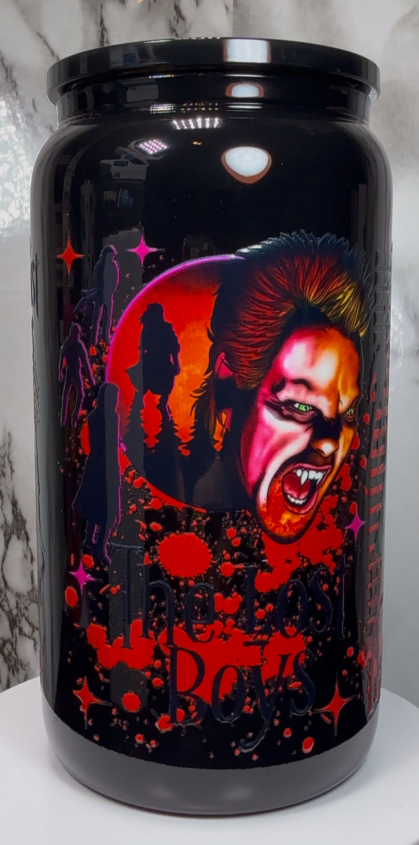 Lost Boys UVDTF on a black beer can glass