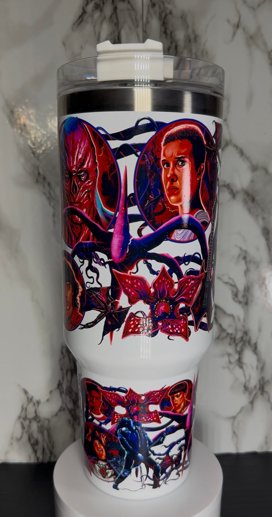 Stranger Things on a white 40oz tumbler