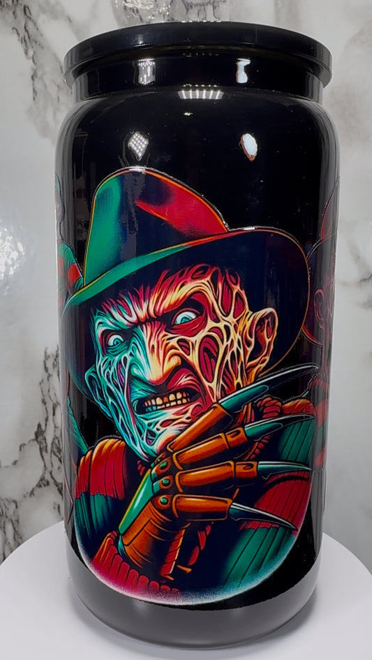 Nightmare on Elm Street Freddy Krueger UVDTF on a black beer can glass