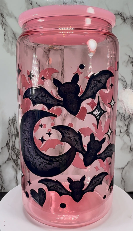 Bats, Hearts & Moons UVDTF on a pink beer can glass