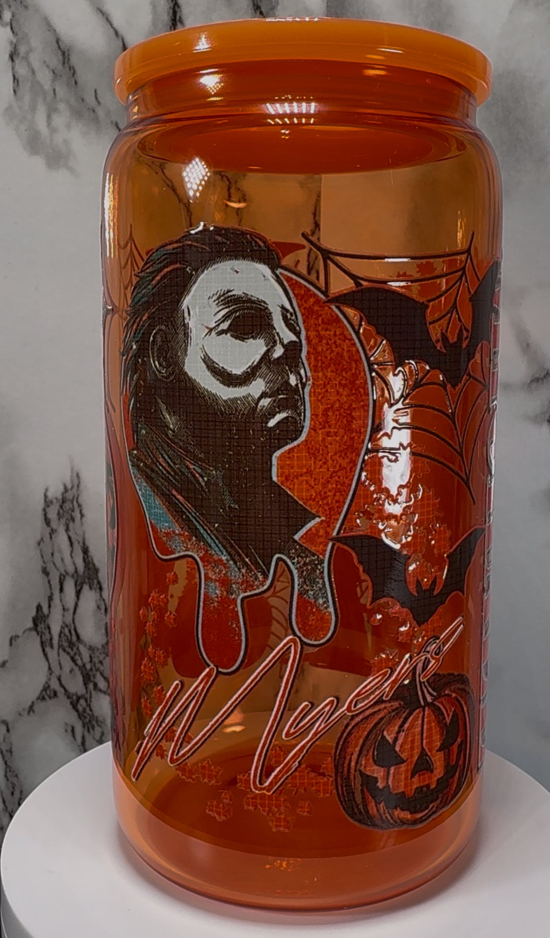 Michael Myers 1978 Halloween UVDTF on a orange beer can glass