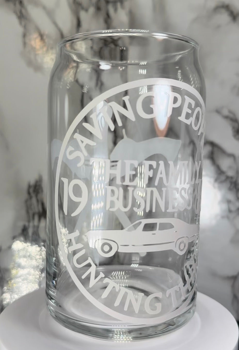 The Family Business - Supernatural color changing permanent vinyl on a libbey beer can glass
