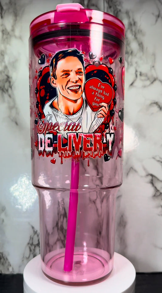 Valentine’s Day Stu Macher UVDTF on a 40oz pink acrylic tumbler