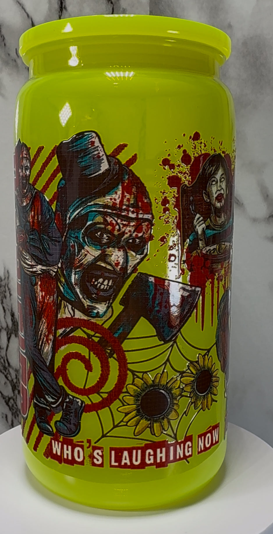Terrifier UVDTF on a bright yellow PLASTIC beer can cup