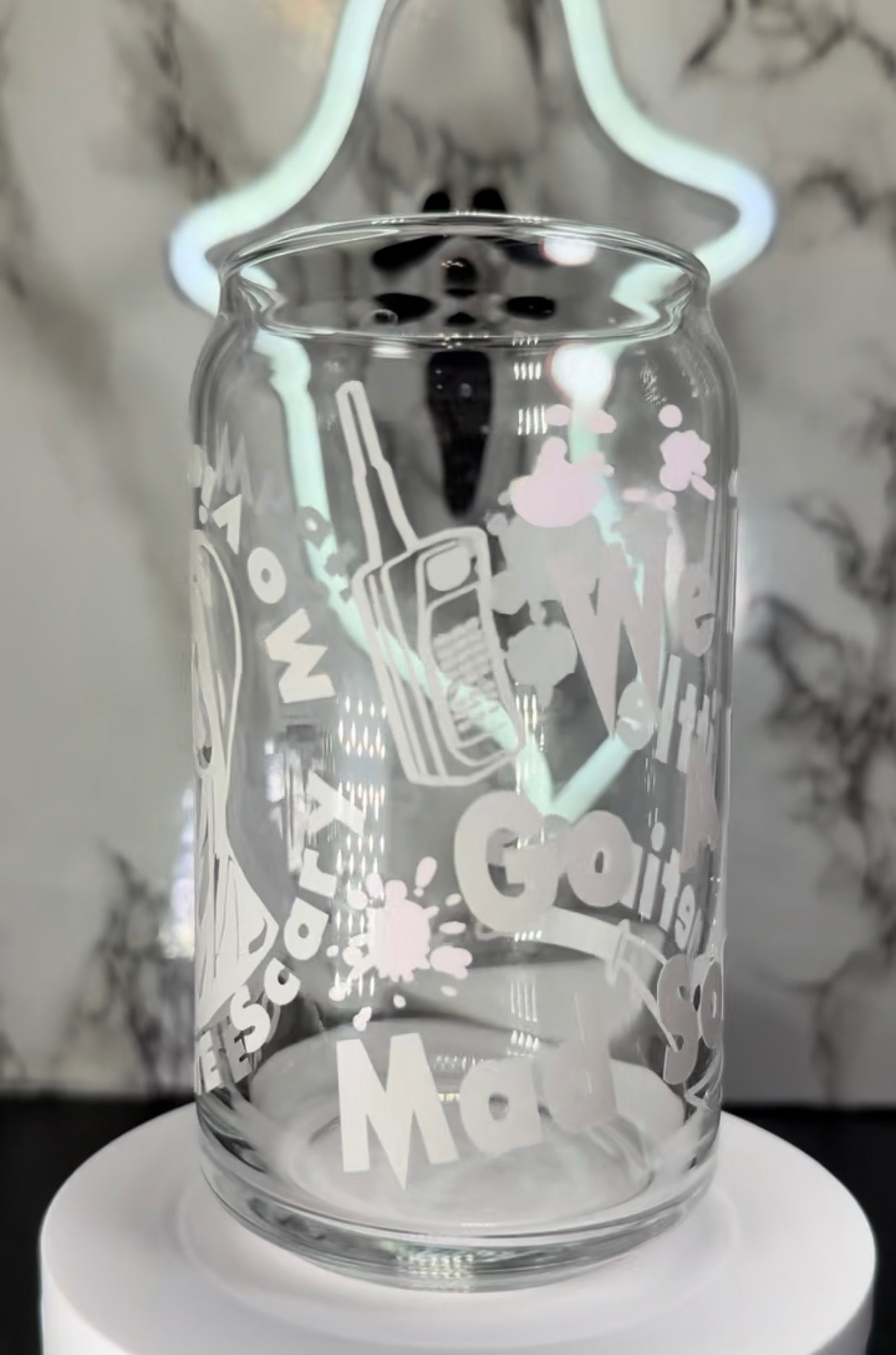 Ghostface color changing black and red permanent vinyl on libbey beer can glass