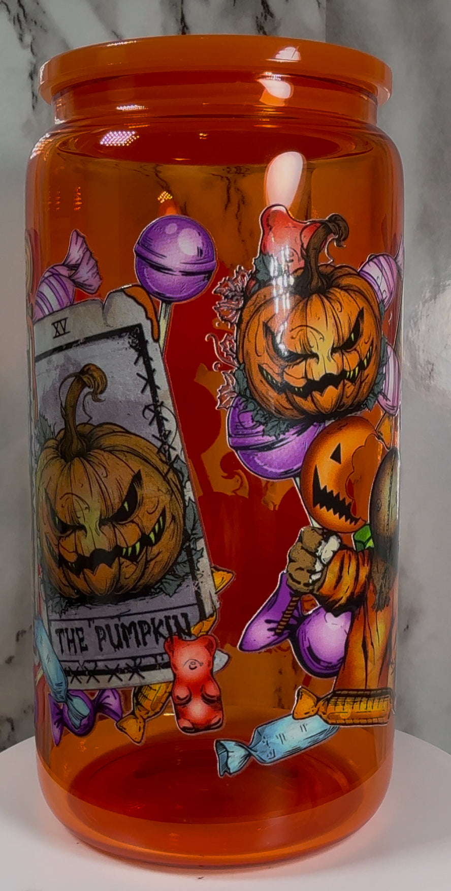 OOPSIE sale PLEASE read description!!! Trick R Treat Sam UVDTF on a orange beer can glass (Faults are in pictures)