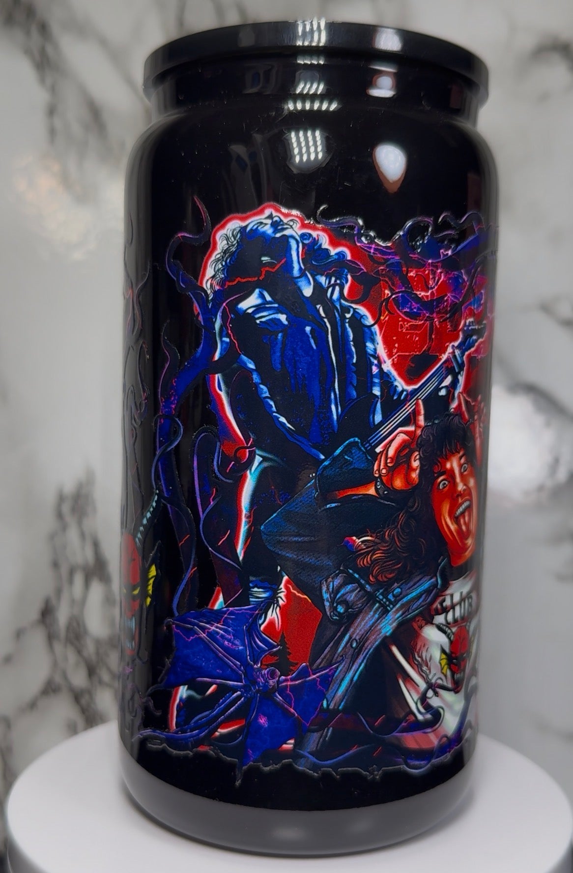 Eddie Munson UVDTF on a 16oz black beer can glass
