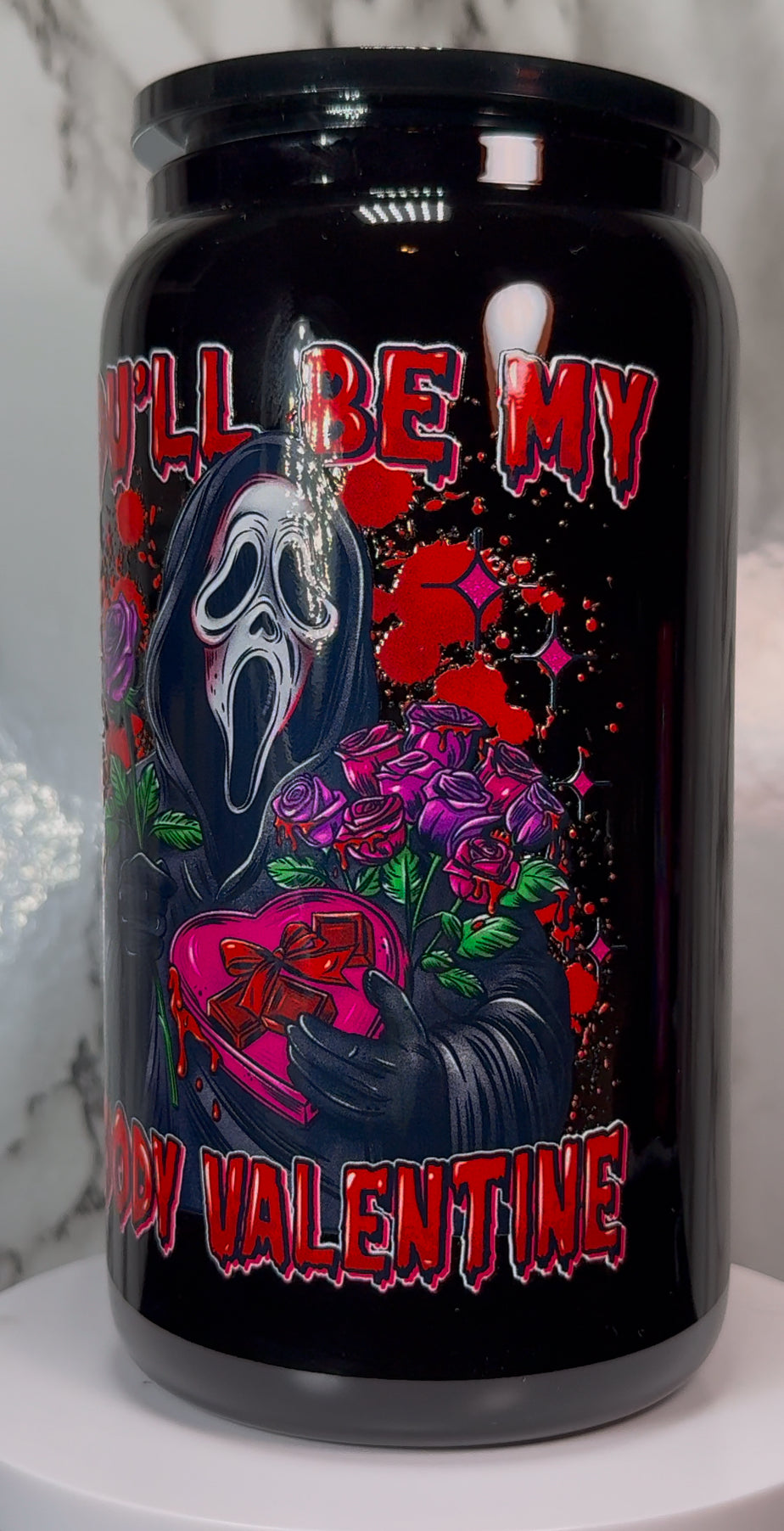 Valentine Ghostface UVDTF on a black beer can glass