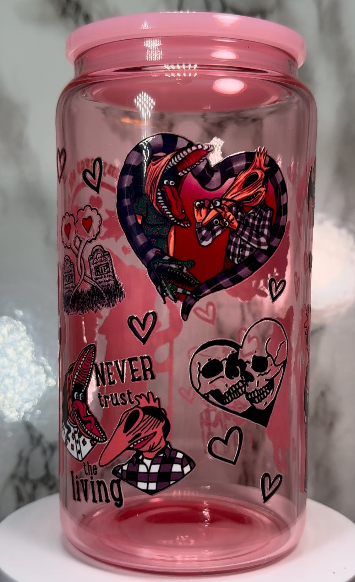 Adam & Barbara Maitland Beetlejuice Valentine’s Day UVDTF on pink beer can glass