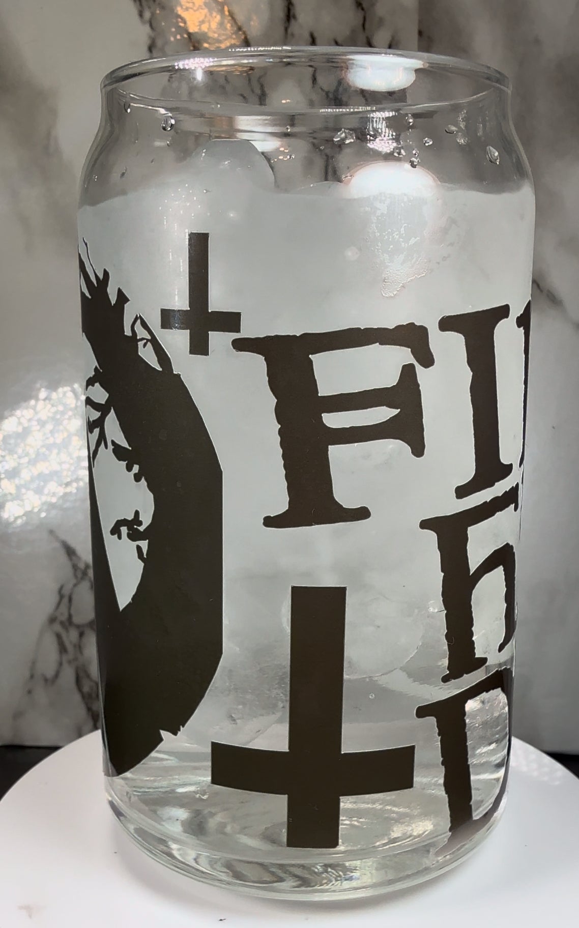 Valak The Nun color changing black permanent vinyl on a libbey beer can glass