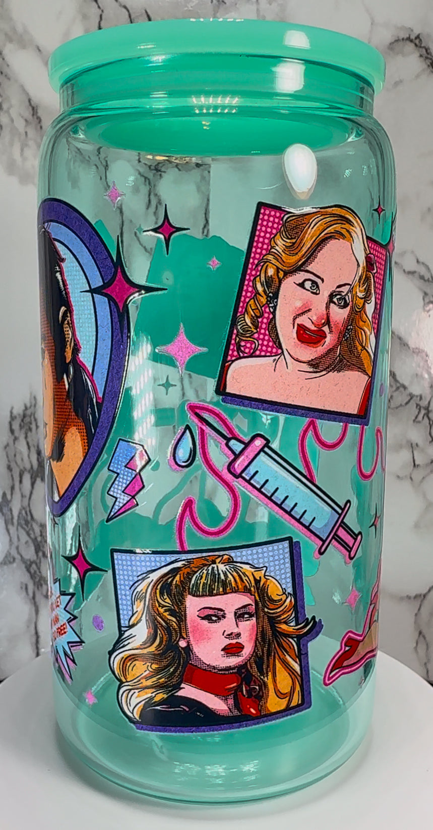 Cry Baby UVDTF on a teal beer can glass