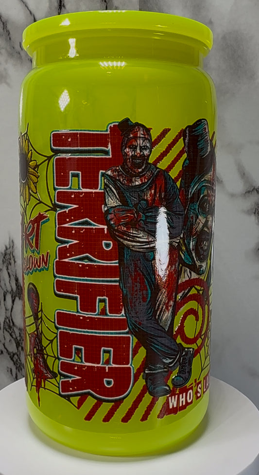 Terrifier UVDTF on a bright yellow PLASTIC beer can cup