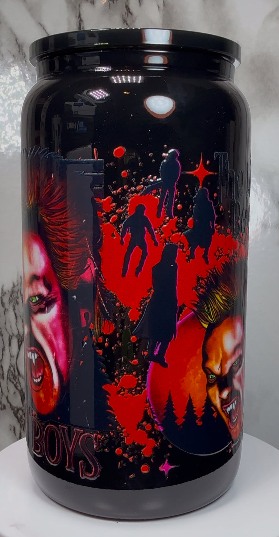 Lost Boys UVDTF on a black beer can glass