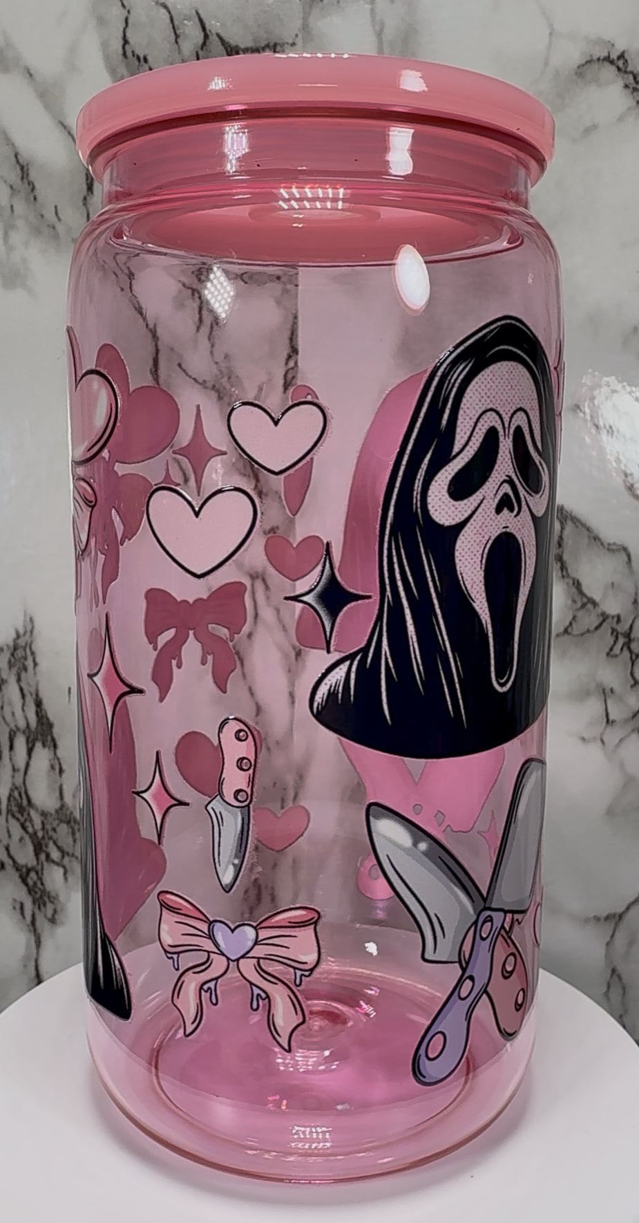 Ghostface Hearts UVDTF on a PLASTIC pink beer can cup