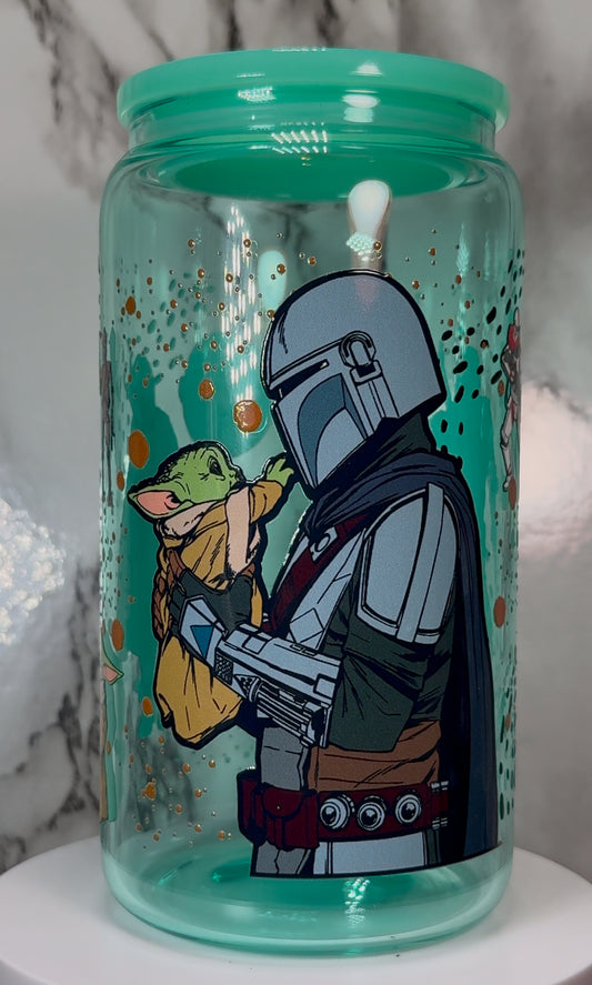 Mandalorian & Grogu Star Wars UVDTF on a teal beer can glass