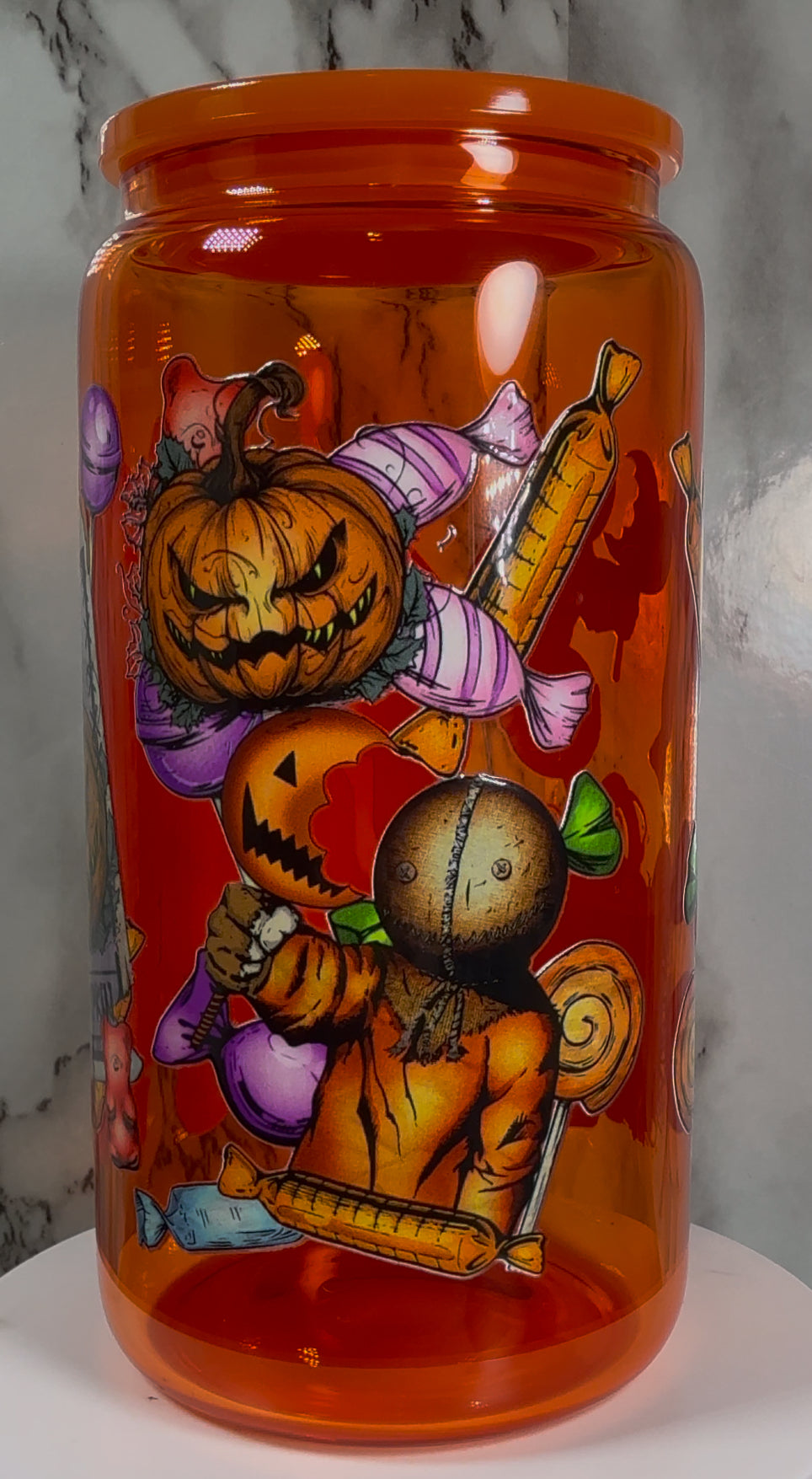 OOPSIE sale PLEASE read description!!! Trick R Treat Sam UVDTF on a orange beer can glass (Faults are in pictures)
