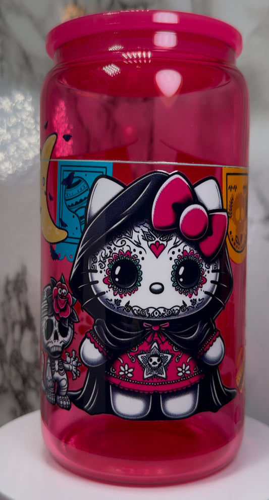 Dia De Los Muertos Hello Kitty UVDTF on a hot pink beer can glass