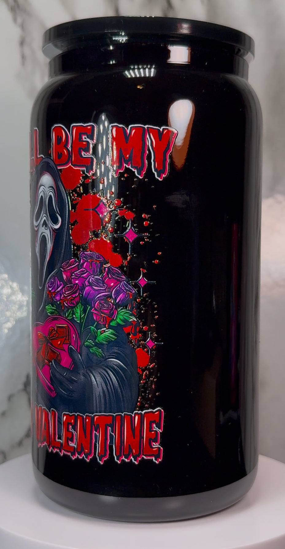 Valentine Ghostface UVDTF on a black beer can glass